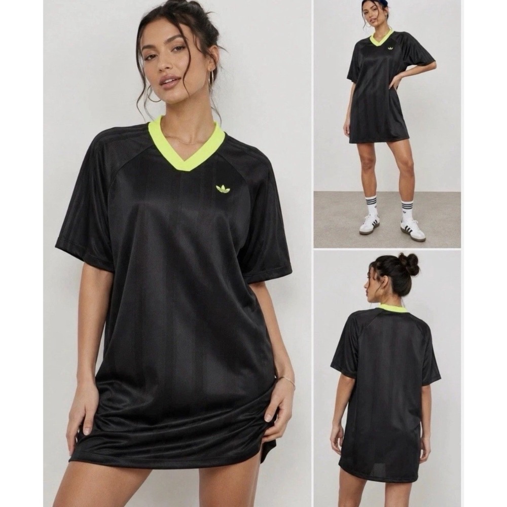 Adidas Originals Women Jacquard Dress Black Signal Green KB8152 Sporty V-Neck L